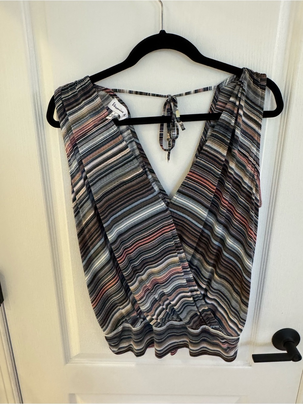 Veronica M Multicolor Striped Sleeveless Surplice Tank Top